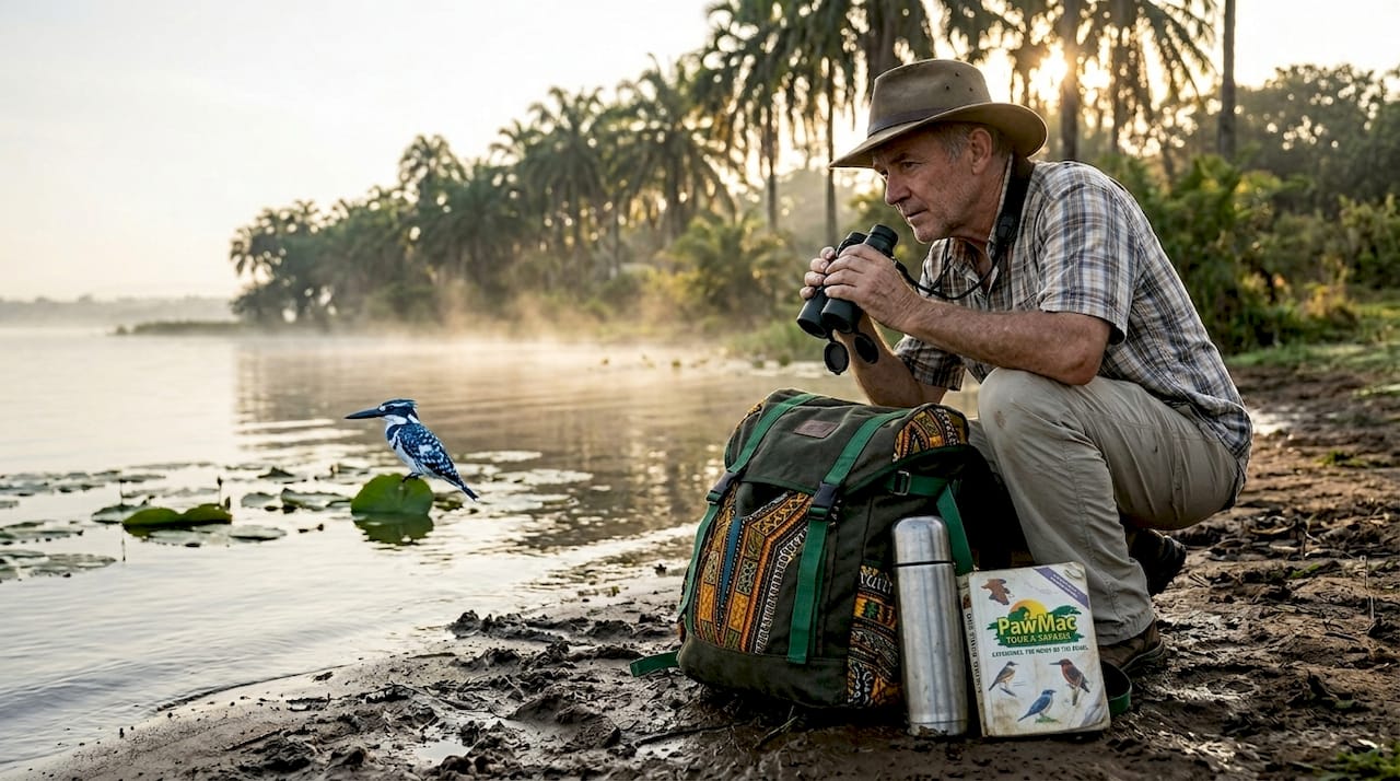 Birdwatcher spotting kingfisher by the Nile