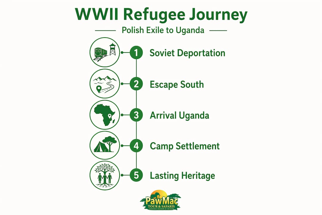 Timeline infographic of Polish refugee journey to Uganda