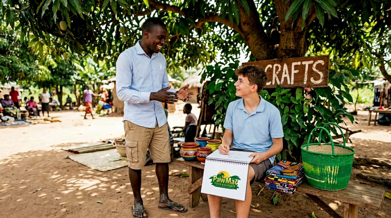 Polish teen and Ugandan man outside workshop