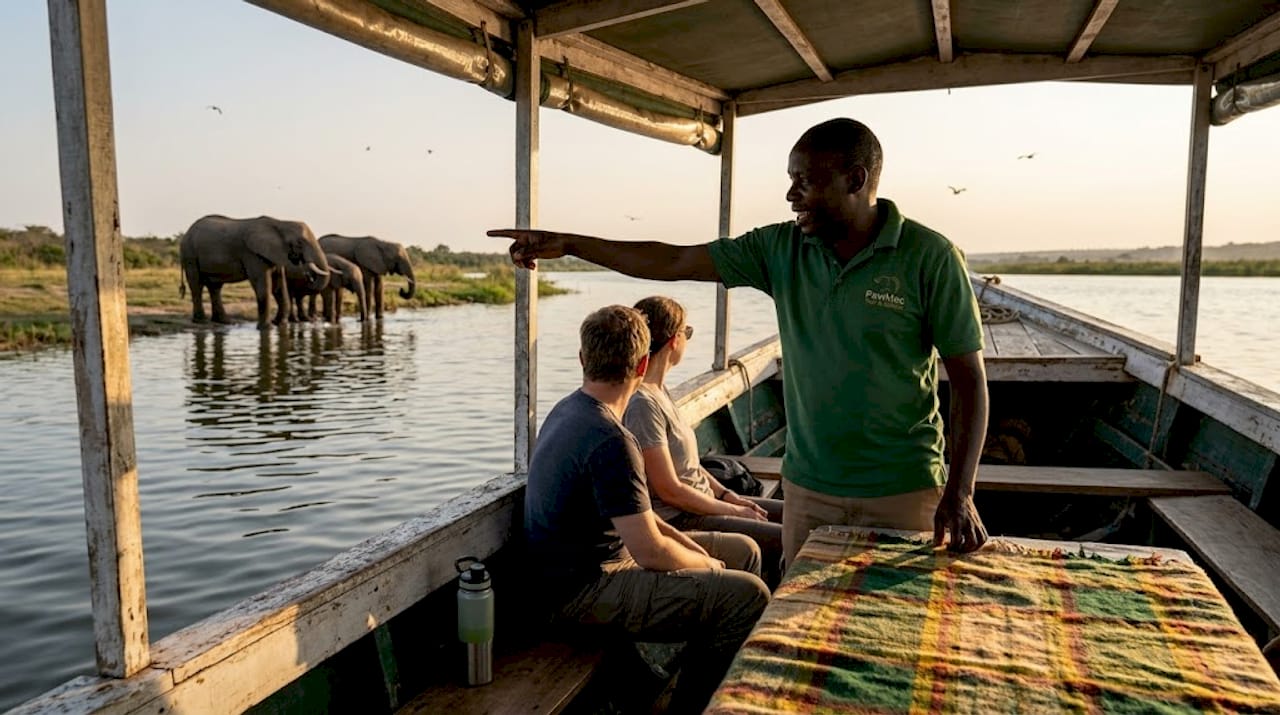 Guide showing hippos during Ugandan boat safari