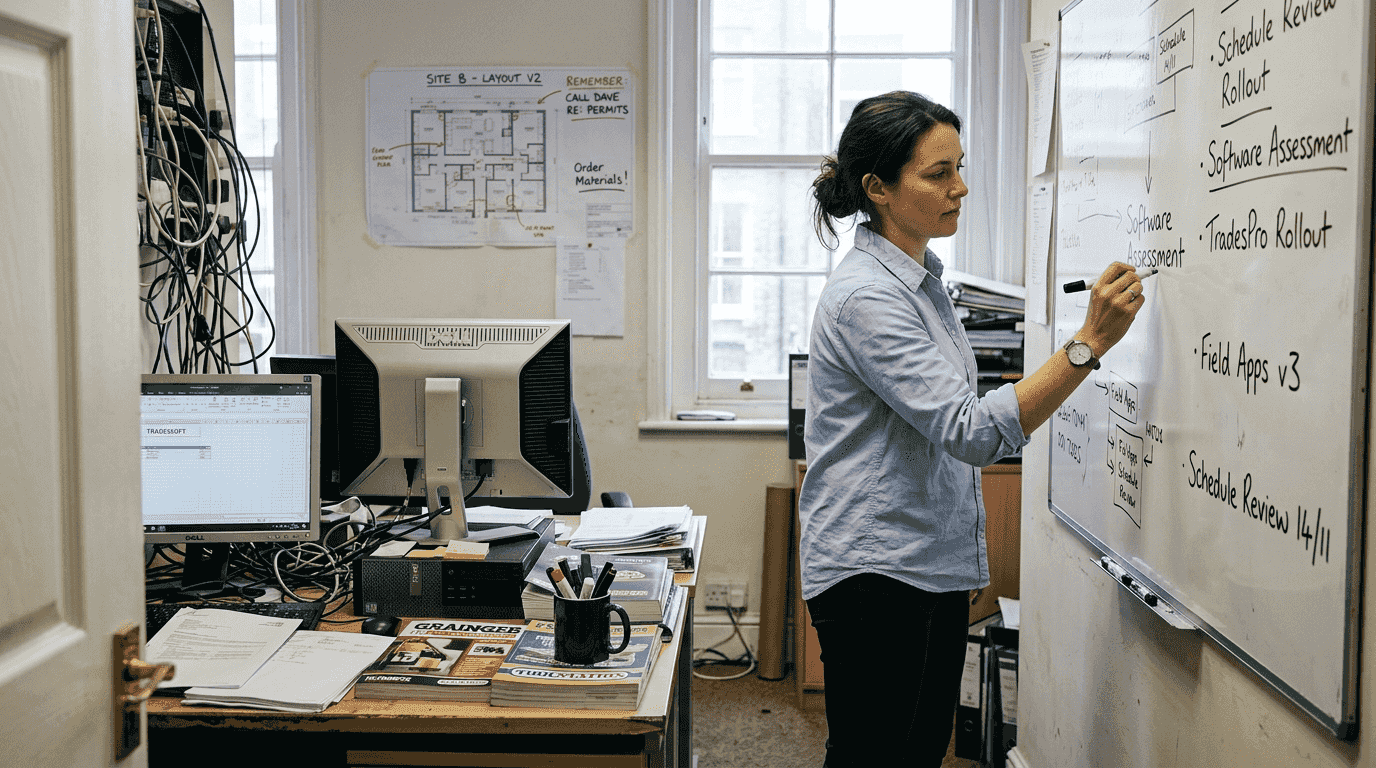 Trade businesswoman reviewing software assessment notes