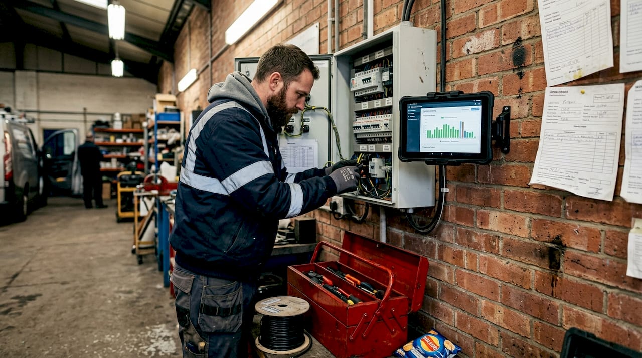 Contractor checks AI device in busy workshop