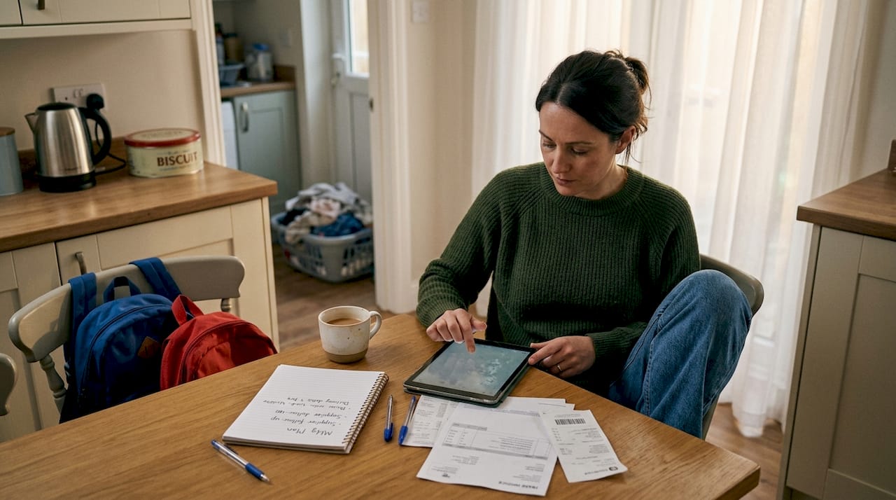 Tradeswoman manages follow-ups in home kitchen