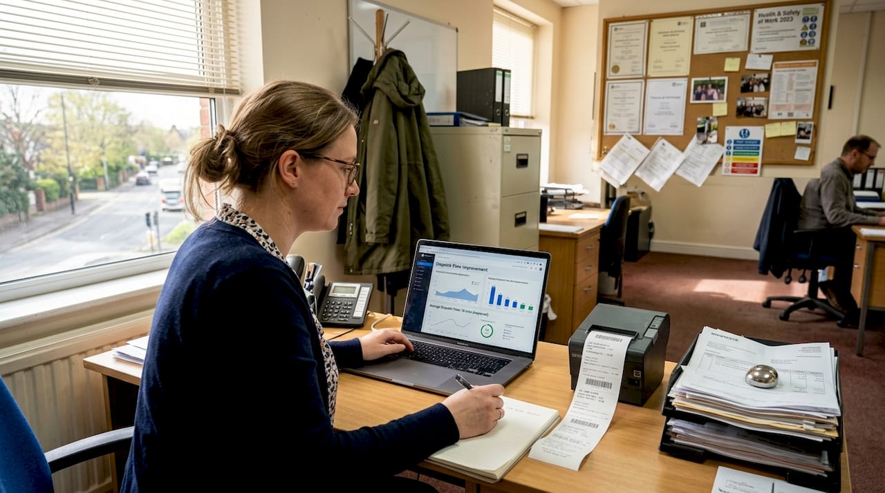Manager checking AI dispatch results on laptop