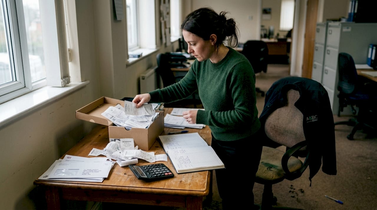 Administrator sorting HVAC business fuel receipts
