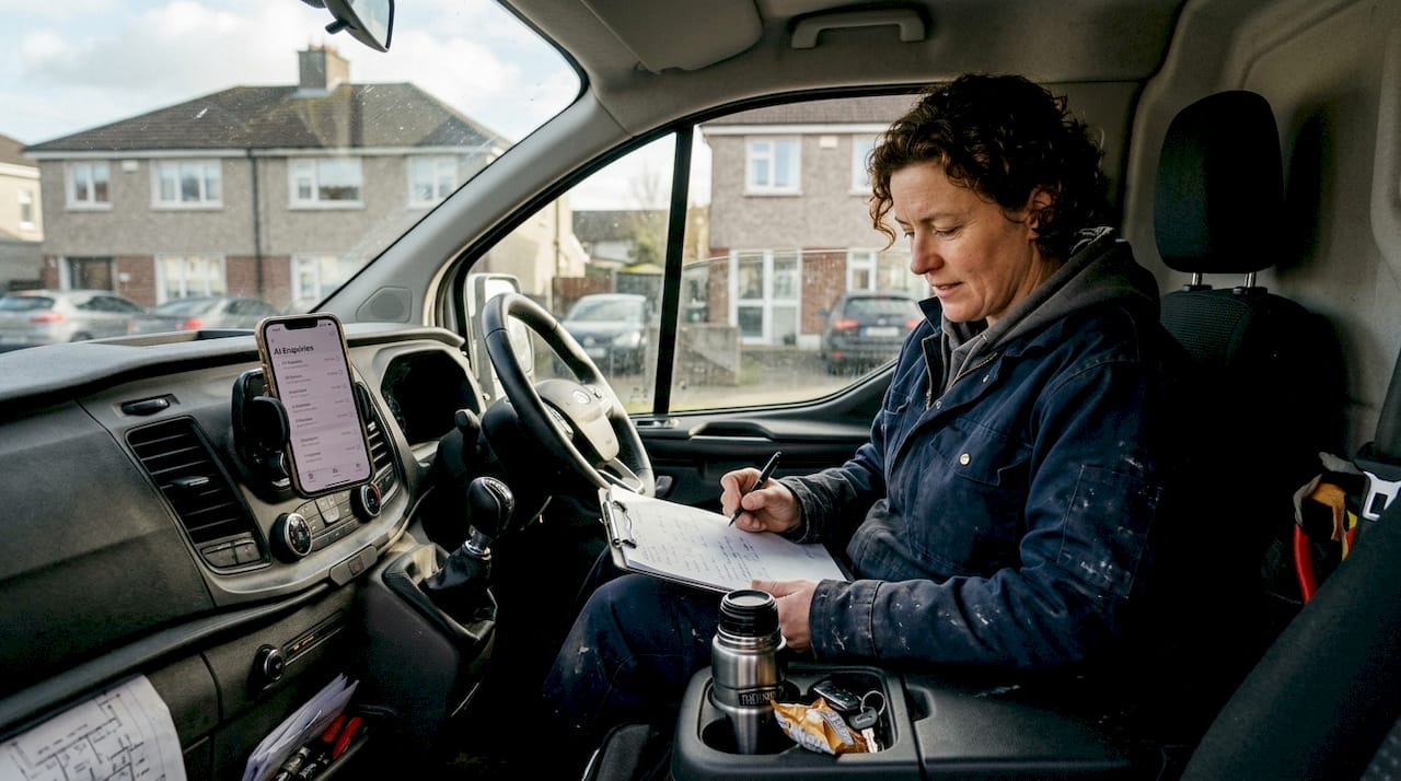 HVAC engineer checking AI enquiry job notes in van