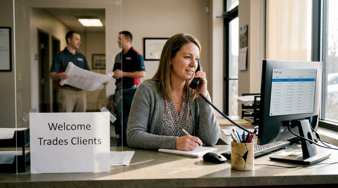 Irish HVAC receptionist answering phone at front desk