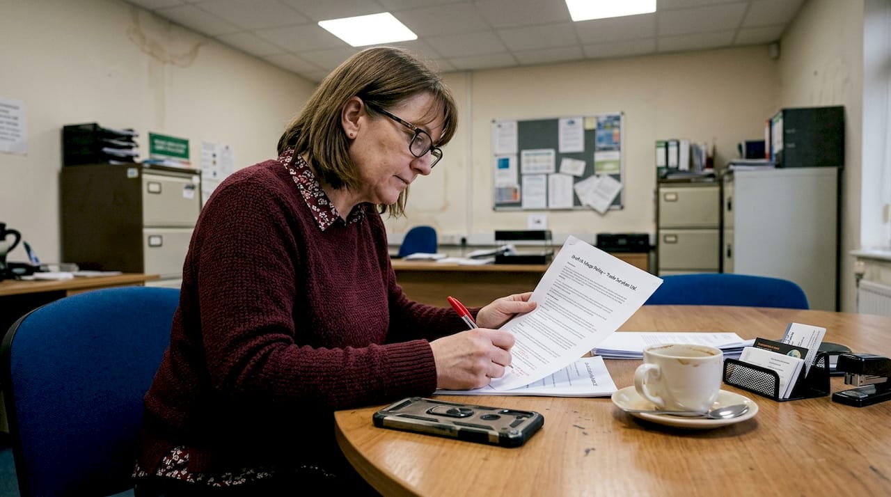 Manager marking up AI policy in back office