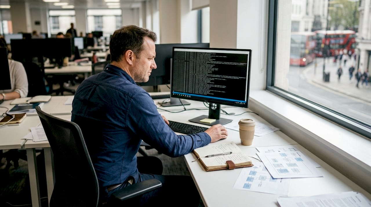Operations manager checking integration workflow at desk