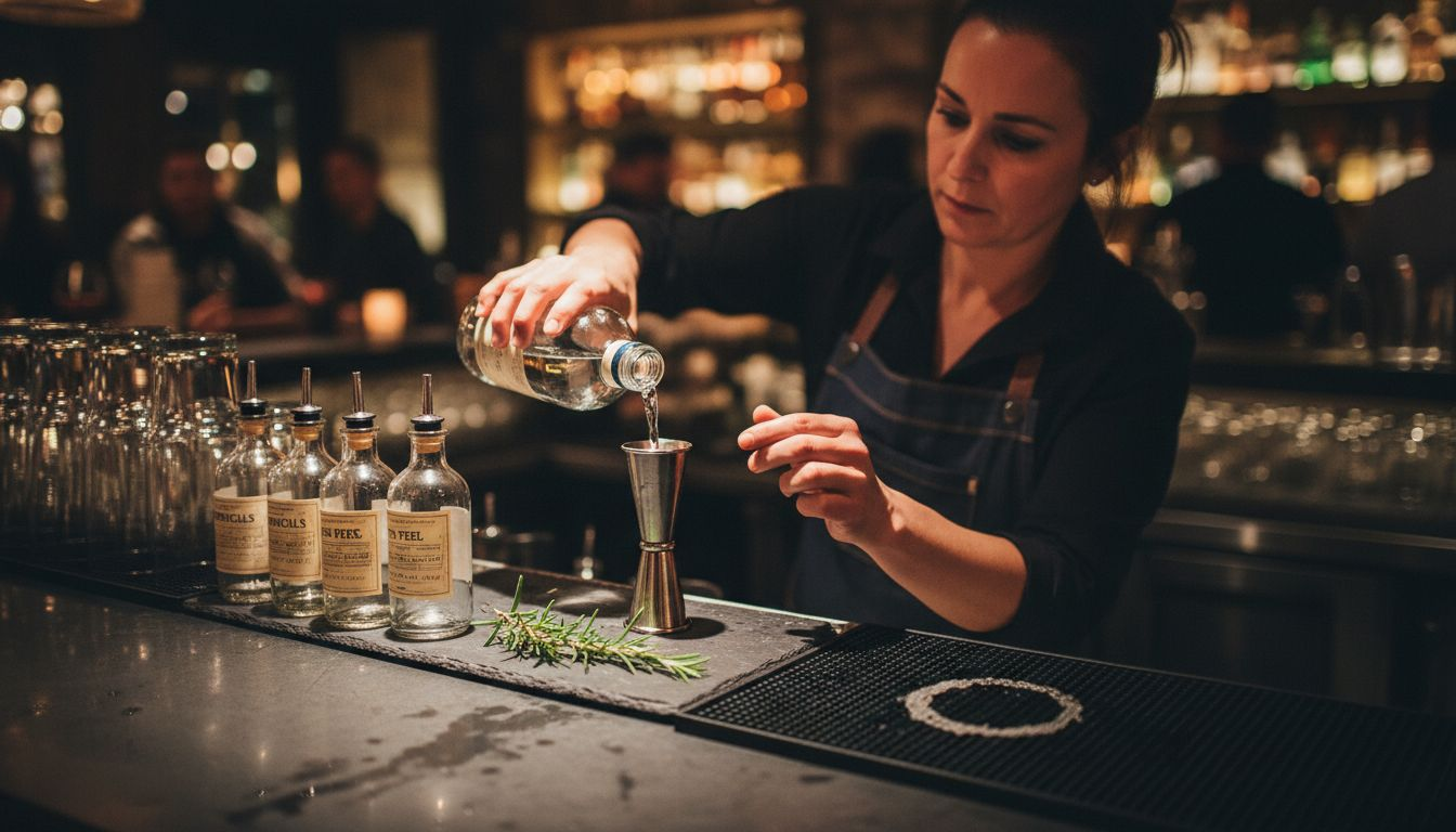 Bartender measuring spirits with jigger at bar