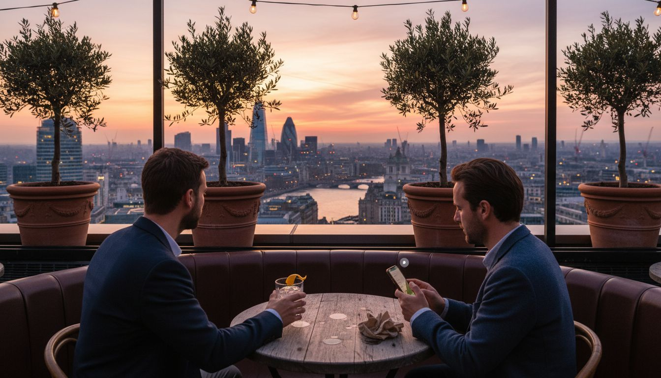 Rooftop cocktail bar with London skyline at dusk