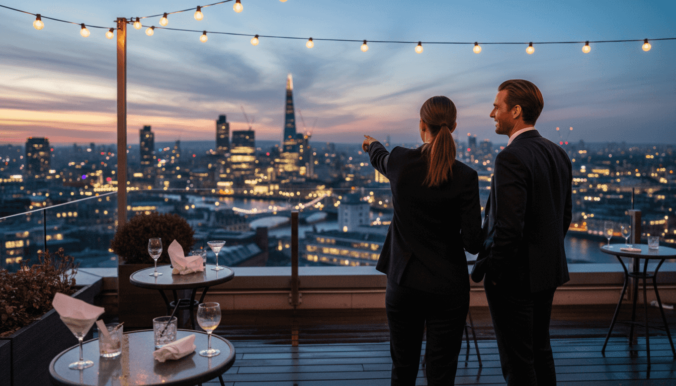 Business professionals at rooftop bar dusk