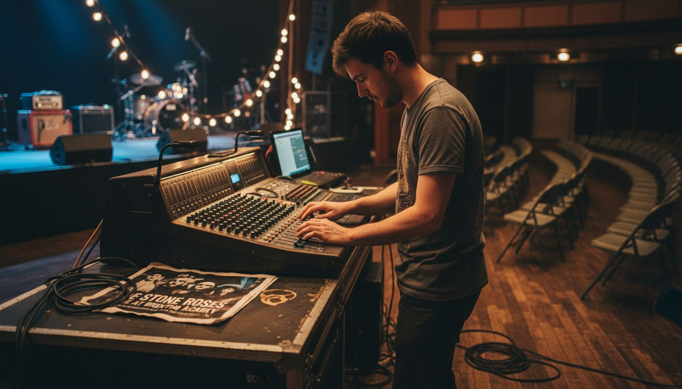 Sound engineer adjusting mixing console in venue
