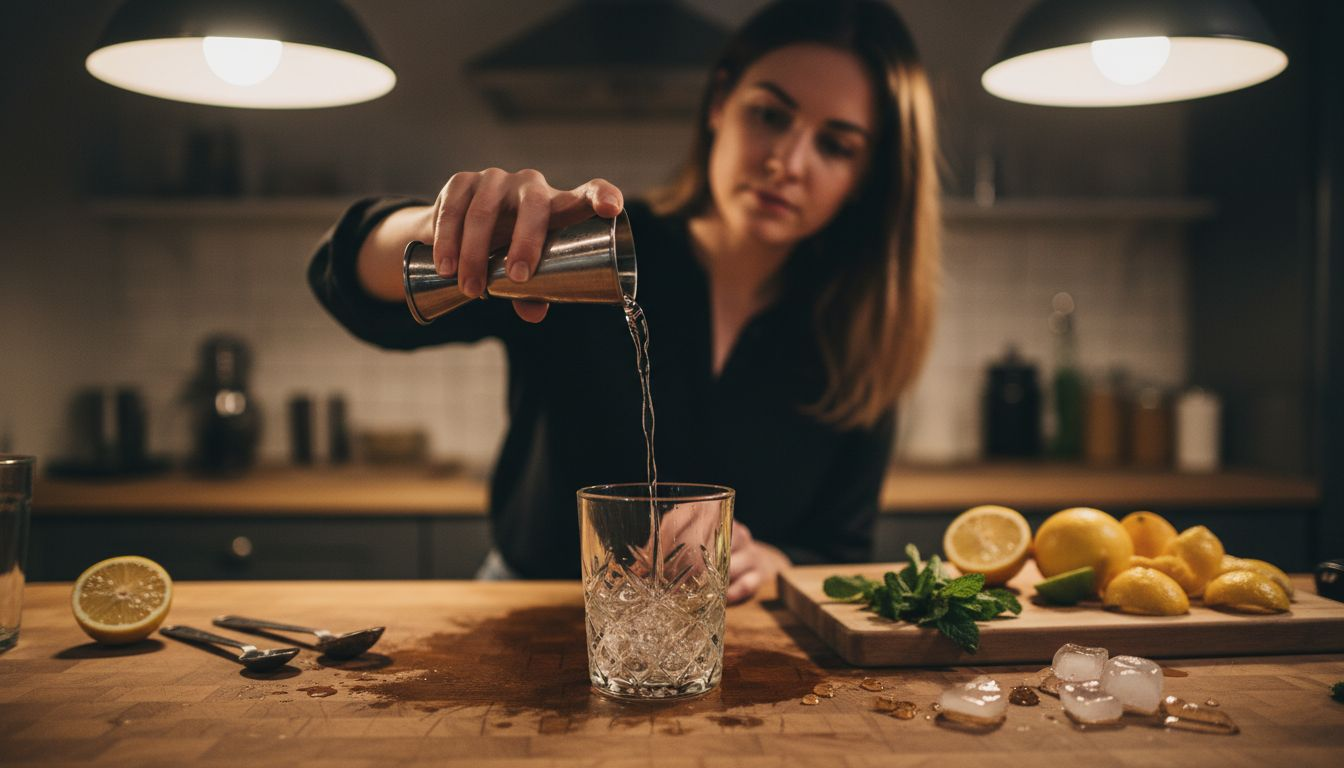 Bartender precisely measuring spirits with jigger