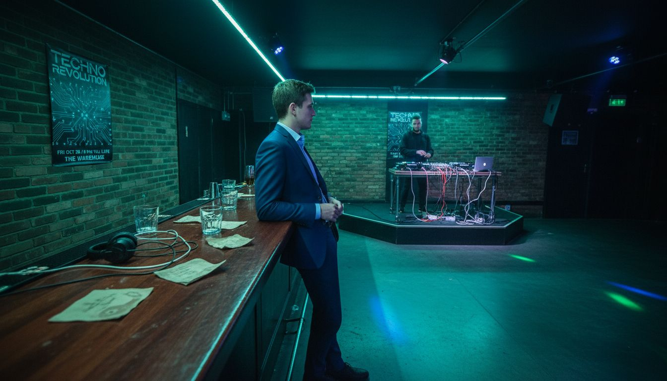 DJ and patrons in energetic electronic music bar