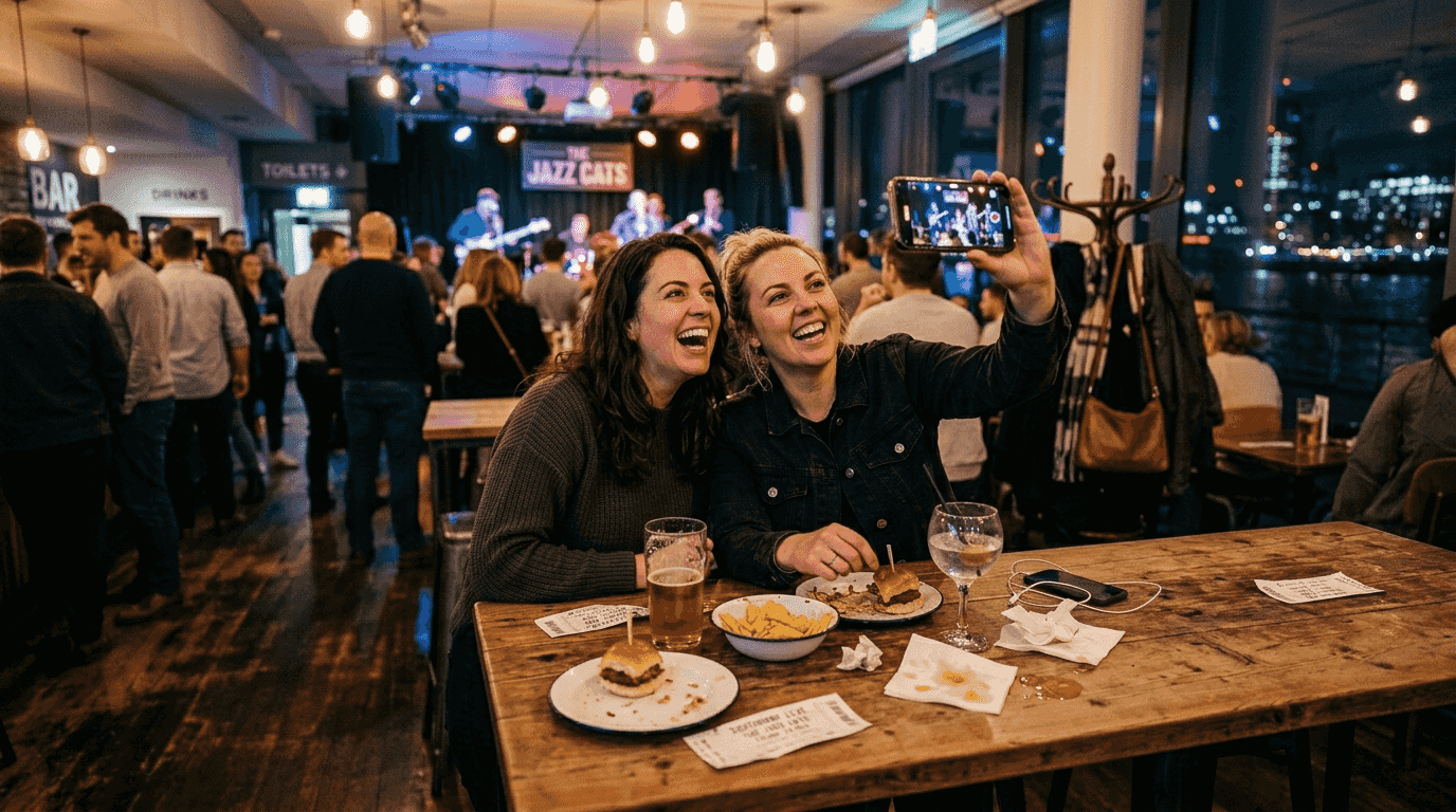 Friends enjoying social moment at London music bar
