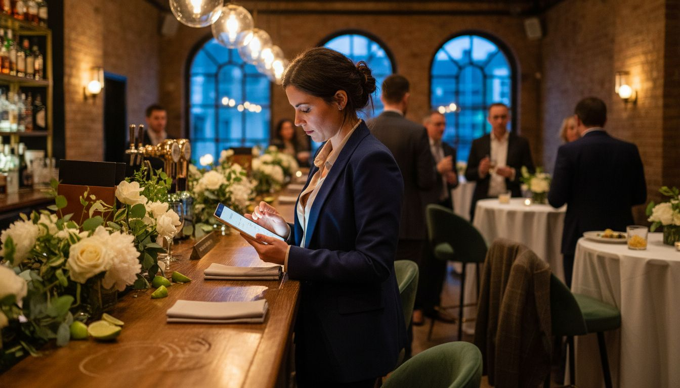 Event organiser preparing exclusive bar area