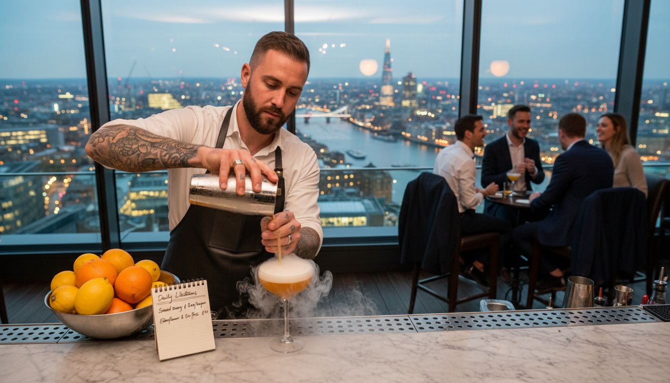 Bartender mixing cocktails at Bōkan rooftop