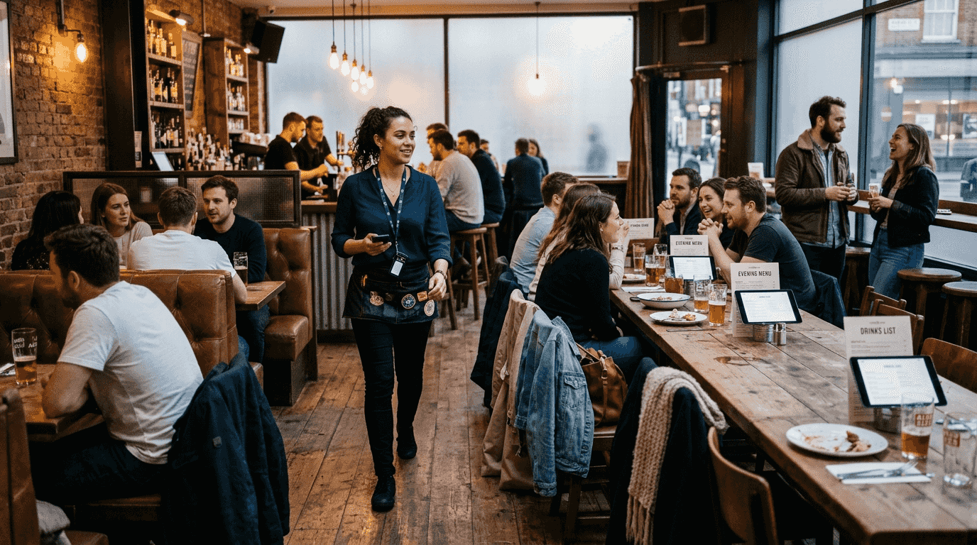 Floor manager moving among varied bar seating