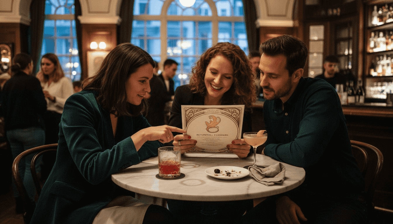 Guests discussing London bar drinks menu