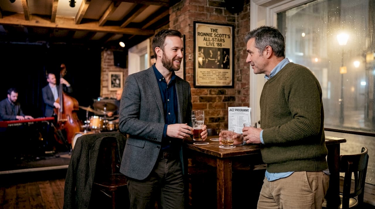 Networking conversation at London music bar