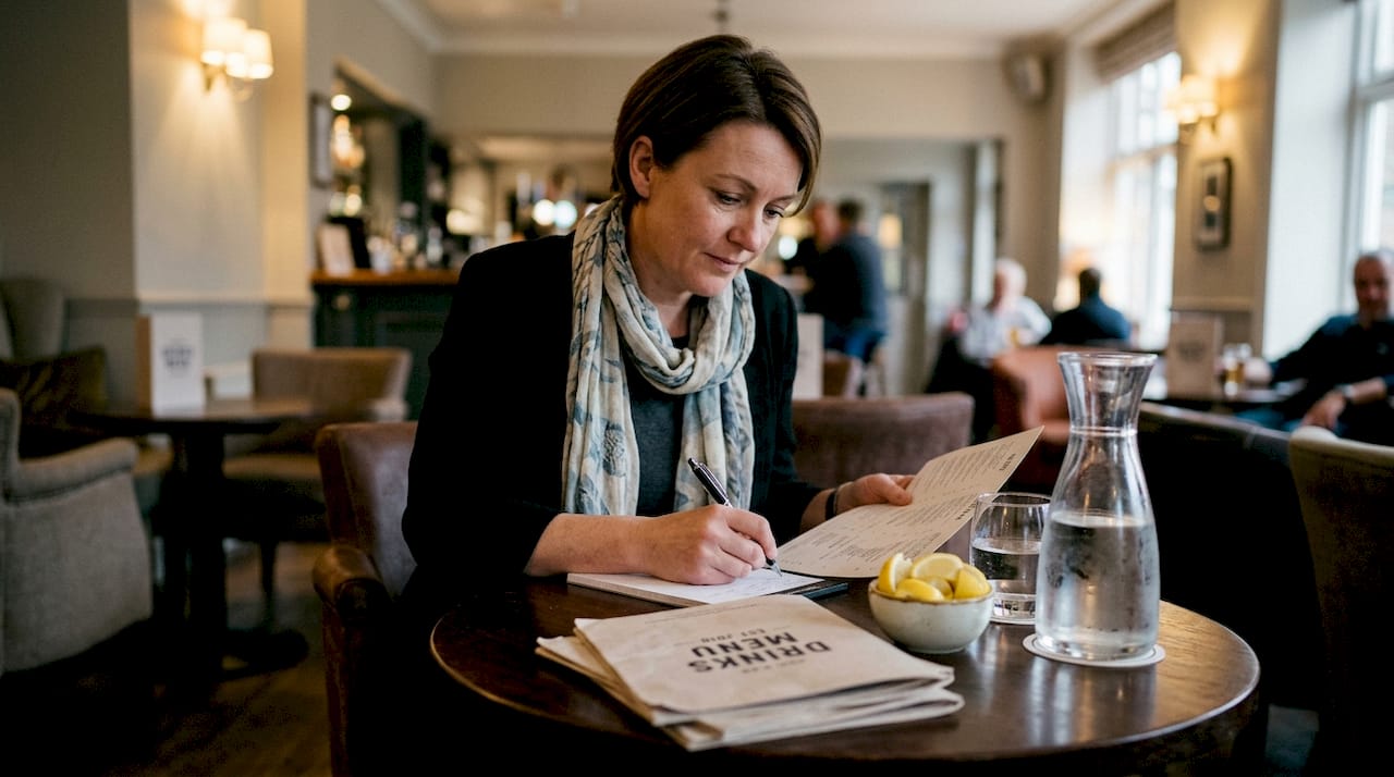 Manager reviewing printed drinks menu at table