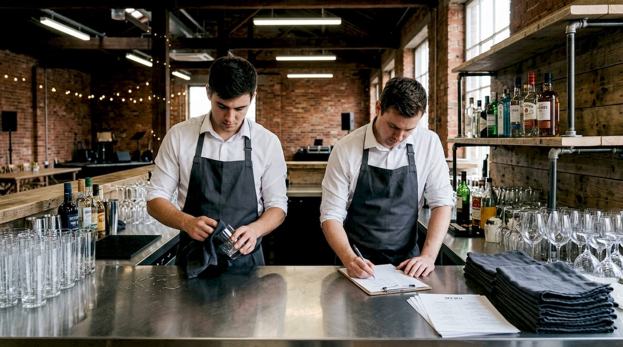 Bartenders preparing bar at event venue