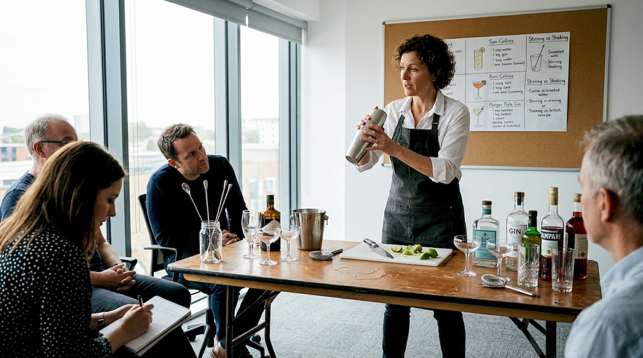 Instructor demonstrating cocktail technique conference room