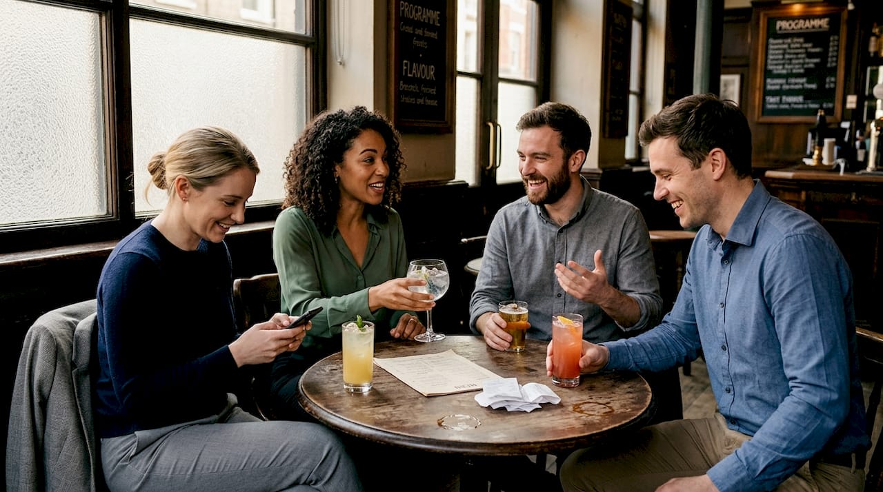 Colleagues chatting with cocktails after work