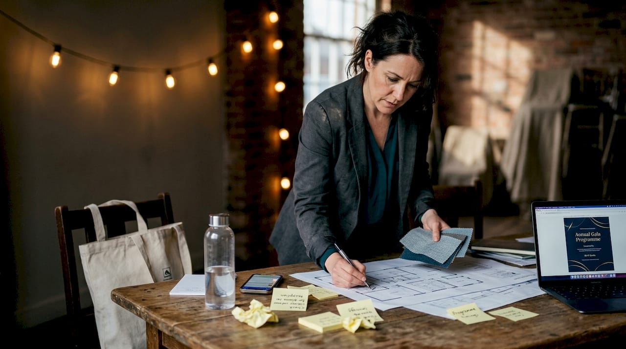 Event planner reviewing creative details