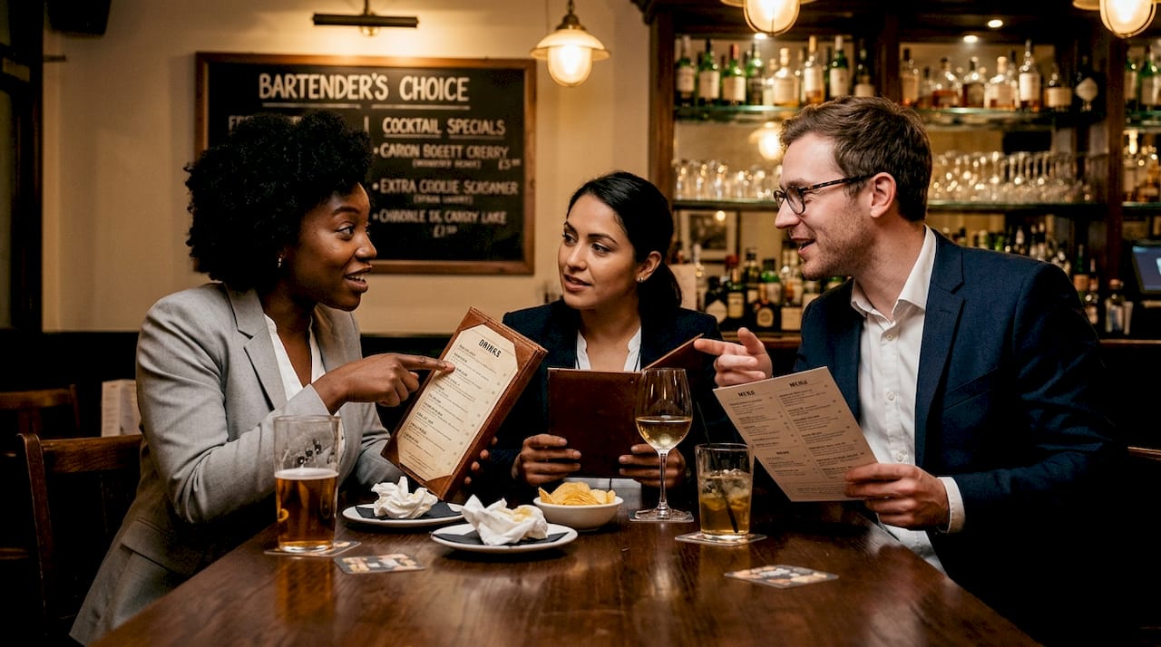 Group discussing and choosing drinks in London bar