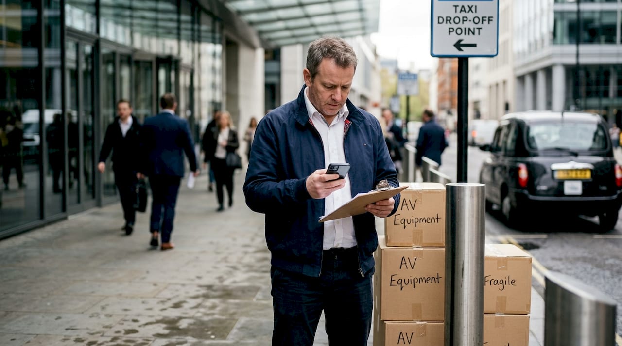 Venue logistics manager checking transport schedule