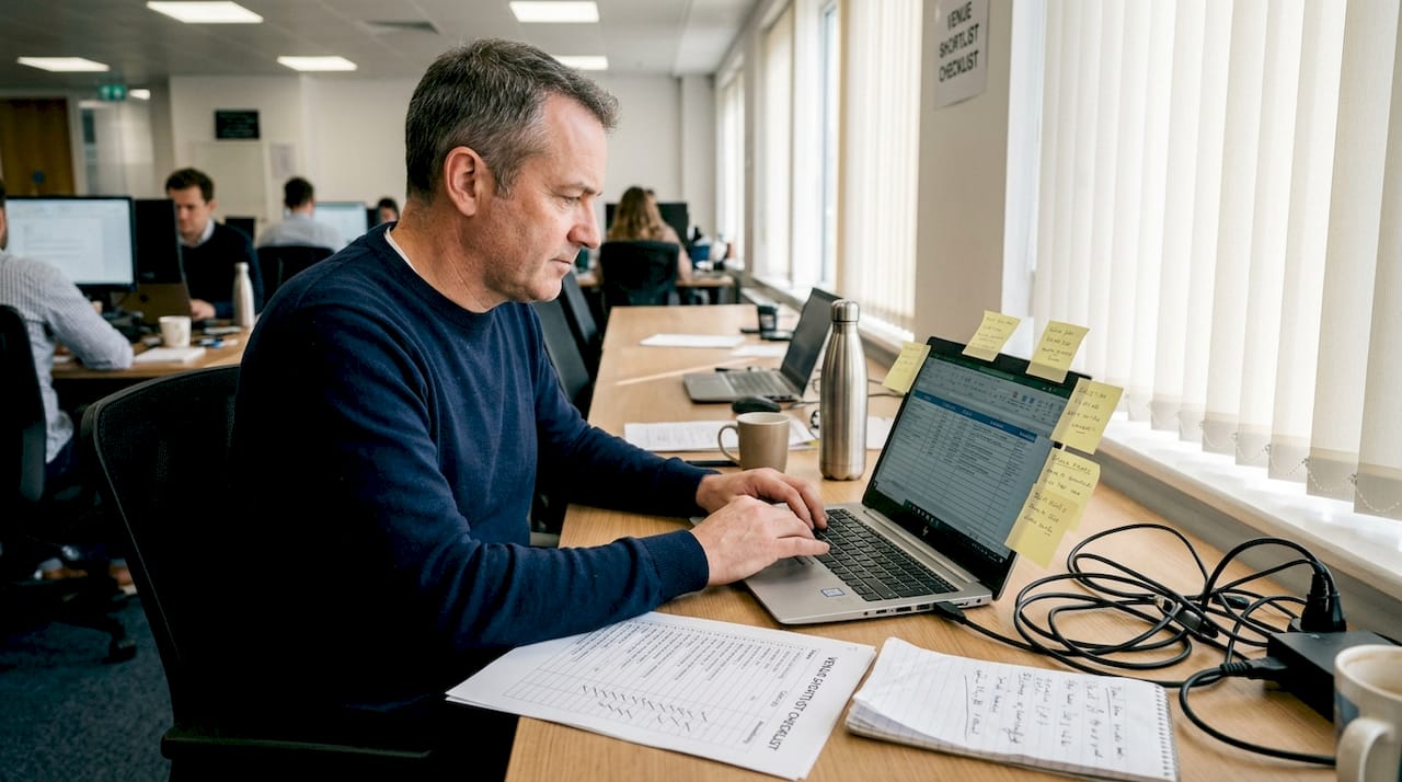 Man shortlisting venues at crowded desk