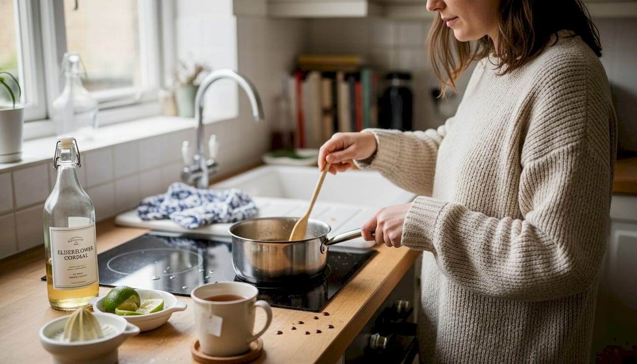 Homemade cocktail syrup preparation in kitchen