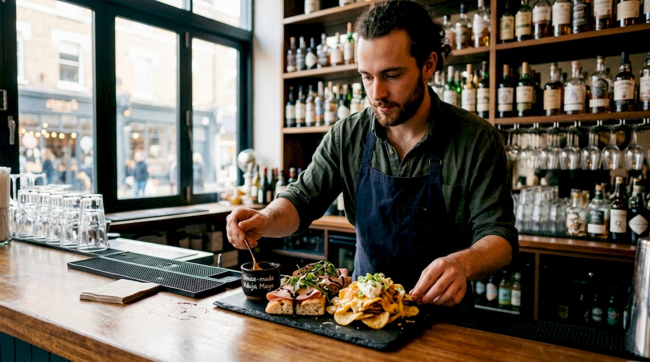 Bartender serving gourmet London bar snacks