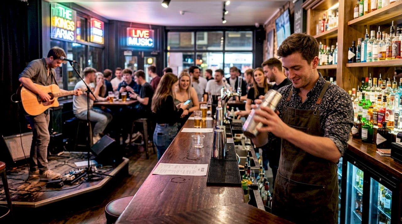 Bartender mixing drinks at lively London bar