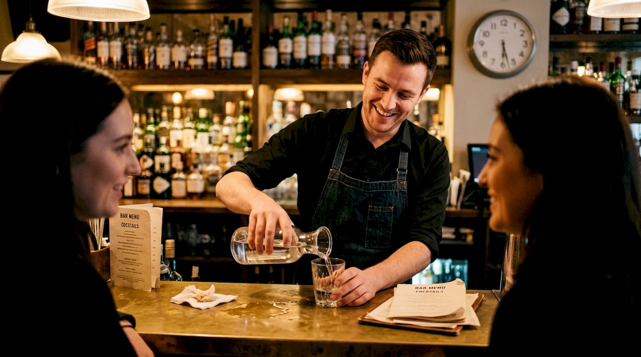 Bartender warmly interacting with customer