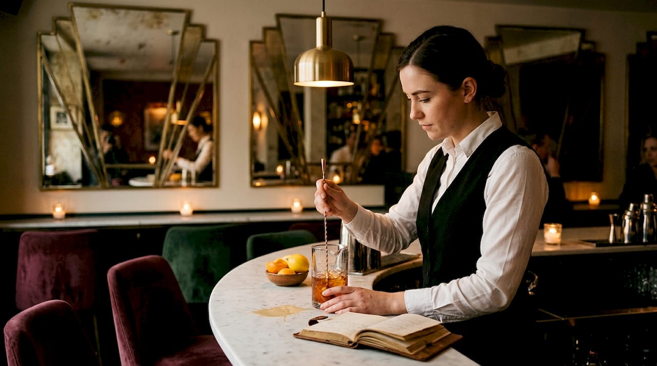 Bartender mixing cocktail in cozy speakeasy