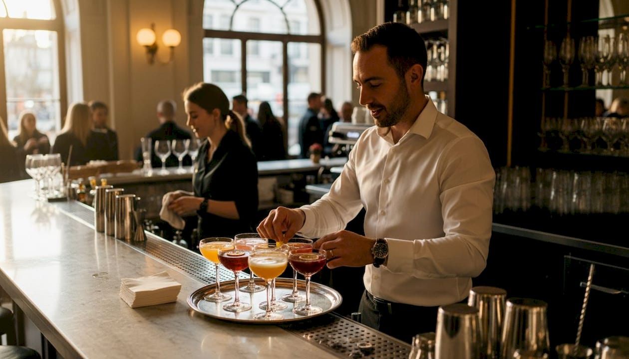 Bartender preparing drinks behind marble bar