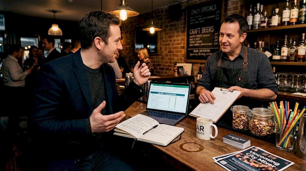 Event organiser reviewing private bar benefits