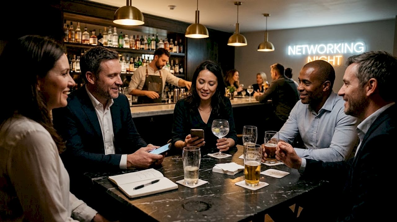 Professionals networking at a London cocktail bar