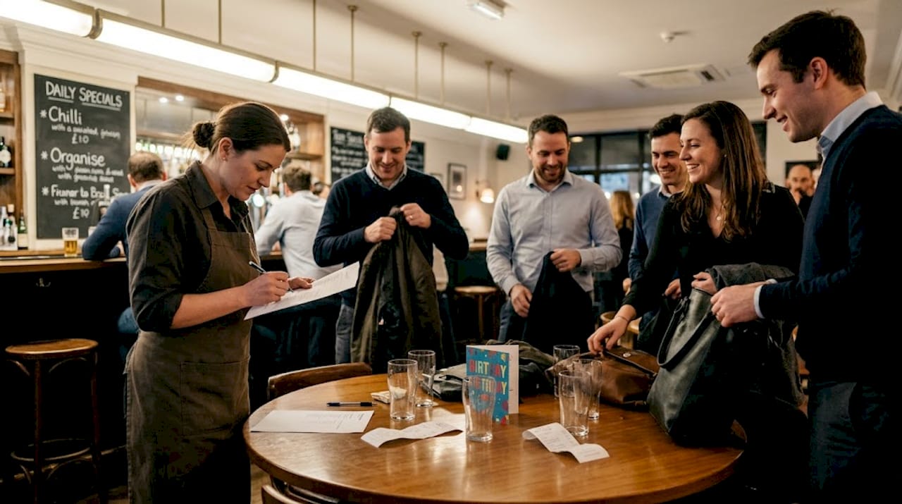 Bar staff checking group reservation at busy table