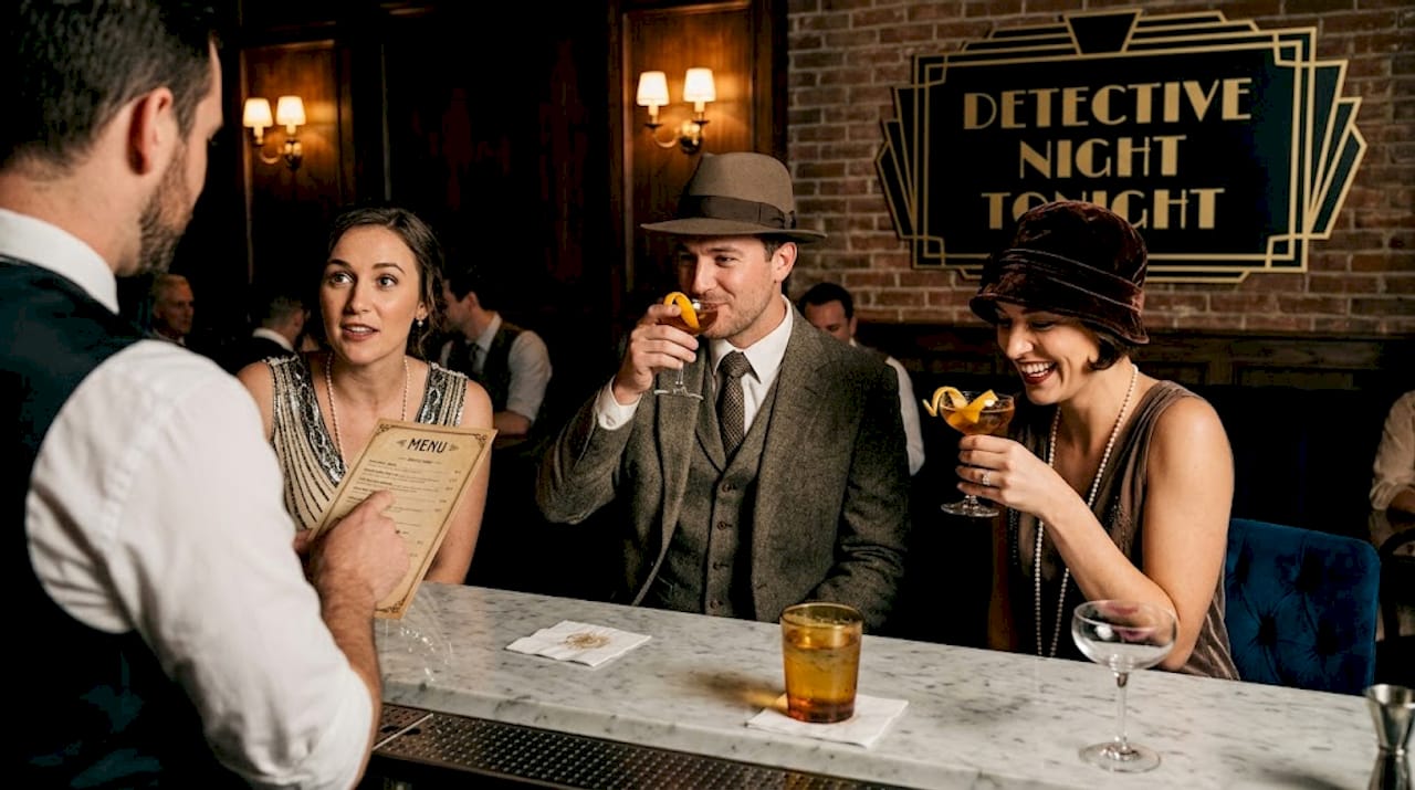 Guests interact in themed 1920s bar setting