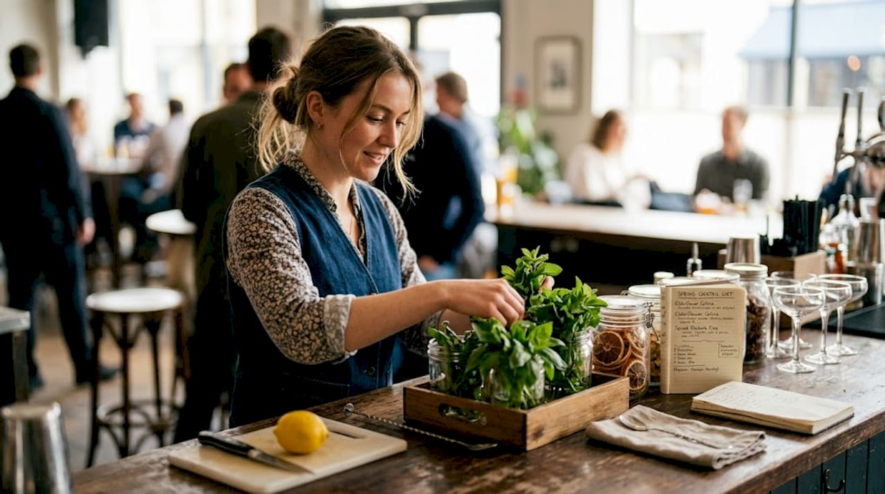 Bartender prepping seasonal menu at London bar