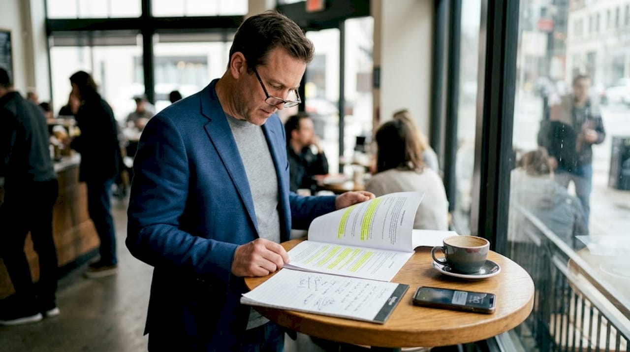 Man reviewing event contract in café