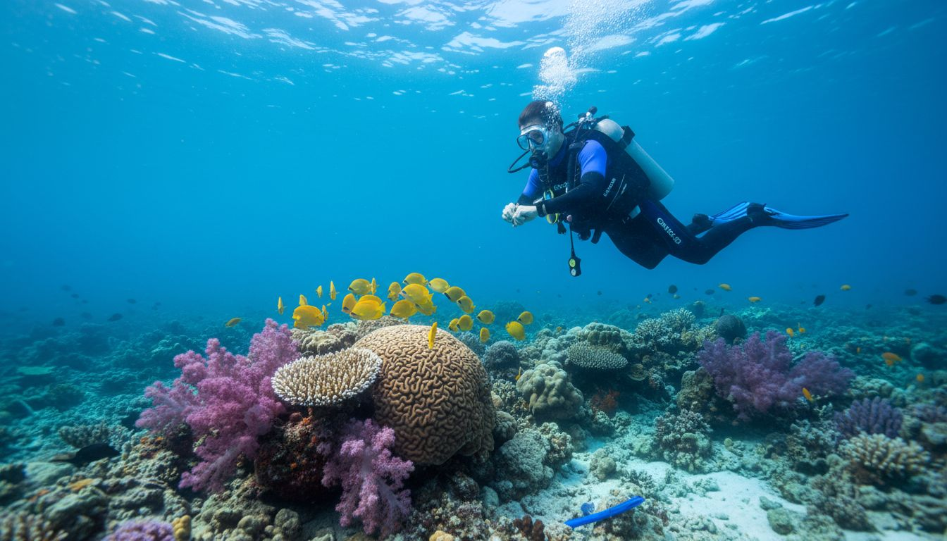 Novice diver above calm Bali coral reef