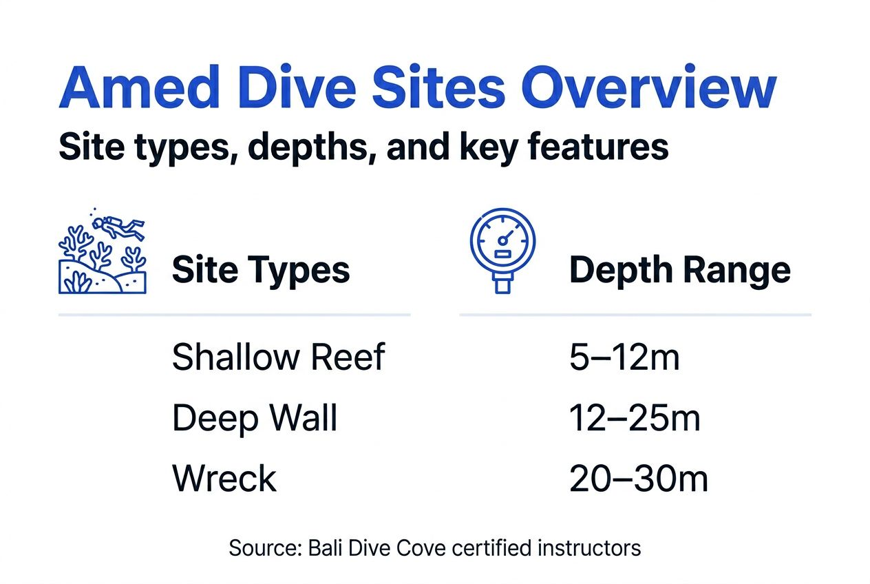 Infographic summarizing Amed dive site types and depths