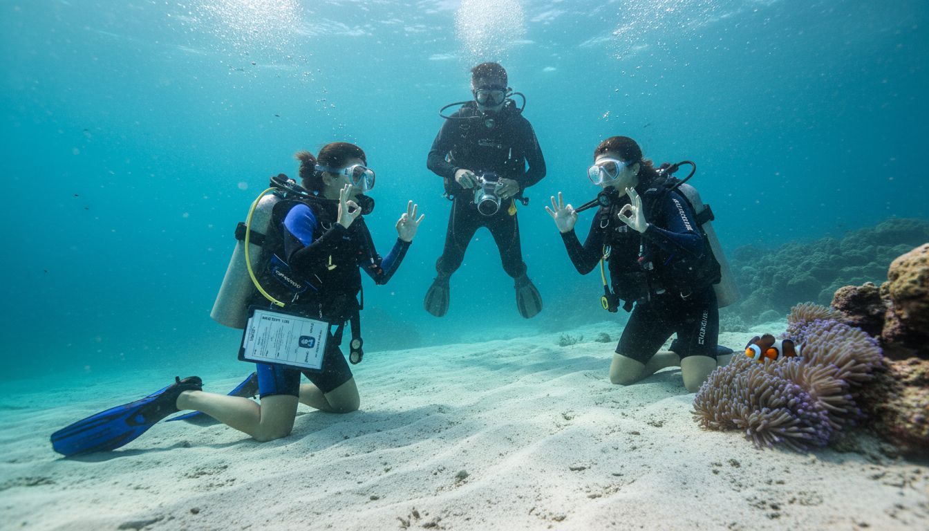 Beginner divers with instructor in Blue Lagoon