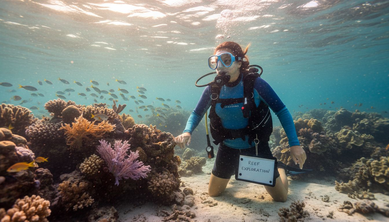 Dive instructor helping nervous student underwater