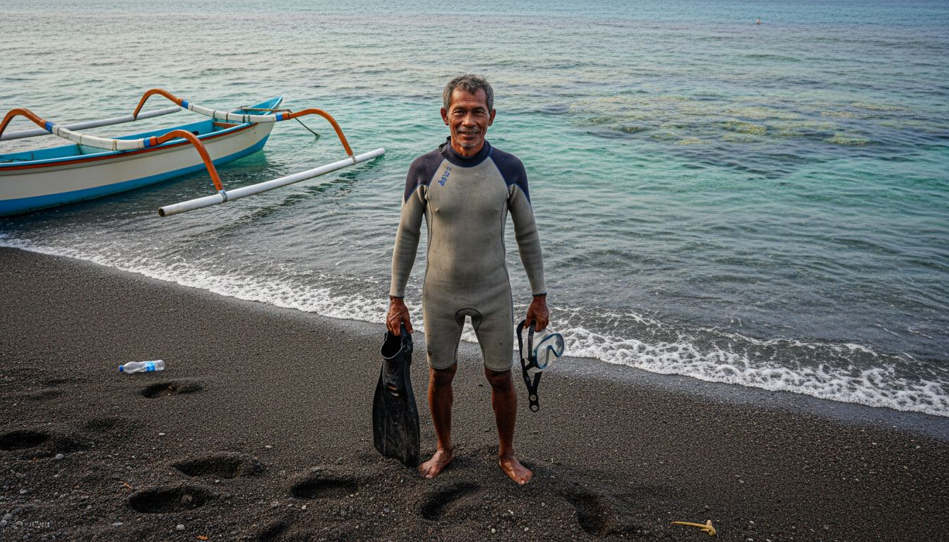 Amed beach with dive guide and clear water